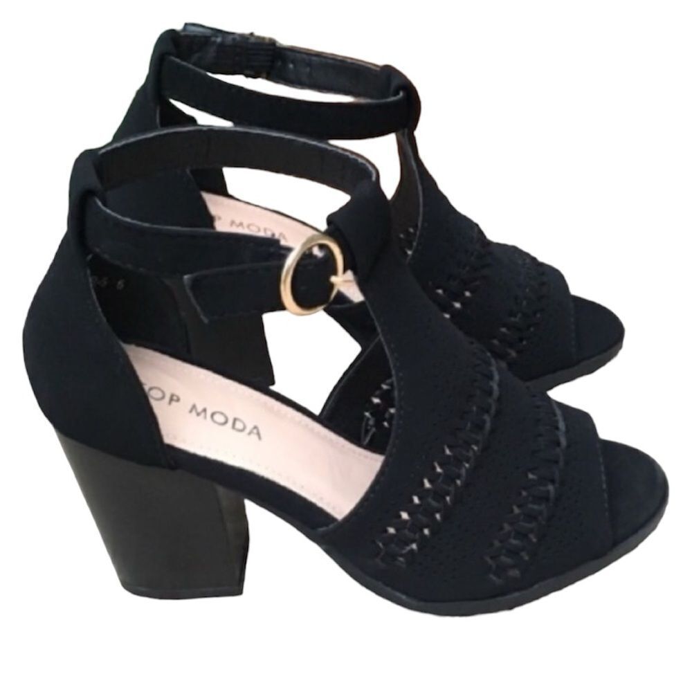 BRAIDED ANKLE STRAP CHUNKY HEEL PEEP TOE NEW IN‎ BOX